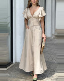 V Neck Dress Solid Color Ruffle Sleeve Maxi Dress Chic Career Slim Waist Dress
