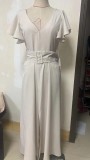V Neck Dress Solid Color Ruffle Sleeve Maxi Dress Chic Career Slim Waist Dress
