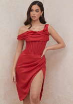 Spring Summer Sexy One Shoulder Patchwork Irregular Slit Dress Spring Summer Sexy One Shoulder Patchwork Irregular Slit Dress