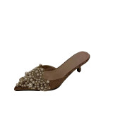 Fashion pointed pearl half drag stiletto sandals women's shoes mid-heel slippers