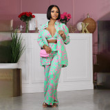 Women's Long Sleeve Sexy Printed Trousers Career Three-Piece Set