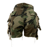 Ladies Fit Cut Torn Camouflage Tassel Shorts