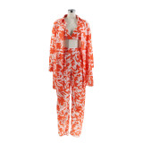 Women's Long Sleeve Sexy Printed Trousers Career Three-Piece Set