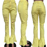Women's Fringed Ripped Classic Denim Ruffle Trouser