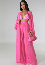 Fashion Ladies Solid Color Bat Sleeves Sexy See-Through Long Sleeve Pant Set