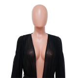 Fashion Ladies Solid Color Bat Sleeves Sexy See-Through Long Sleeve Pant Set