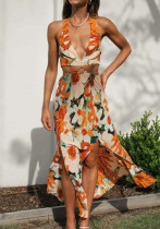 Women's V-Neck Halter Neck Low Back Long Slit Hem Dress Women's V-Neck Halter Neck Low Back Long Slit Hem Dress