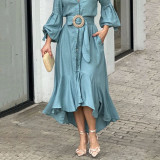 Green Dress Western Dress Fashion Casual Full Sleeve V Neck Turndown Collar Solid & Pocket Maxi Dress