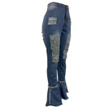 Women's Fringed Ripped Classic Denim Ruffle Trouser