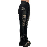 Women's Fringed Ripped Classic Denim Ruffle Trouser
