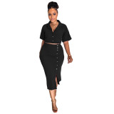 Women Summer Polo Neck Short Sleeve Blazer and Slit Skirt Career Two-Piece Set