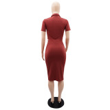 Women Summer Polo Neck Short Sleeve Blazer and Slit Skirt Career Two-Piece Set