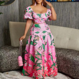 Women Casual Leaf Ombre Print Top and Skirt Two-Piece Set