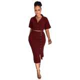Women Summer Polo Neck Short Sleeve Blazer and Slit Skirt Career Two-Piece Set