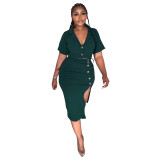 Women Summer Polo Neck Short Sleeve Blazer and Slit Skirt Career Two-Piece Set