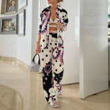Plus Size Women Long Sleeve Shirt and High Waist Wide Leg Pants Two-Piece Set