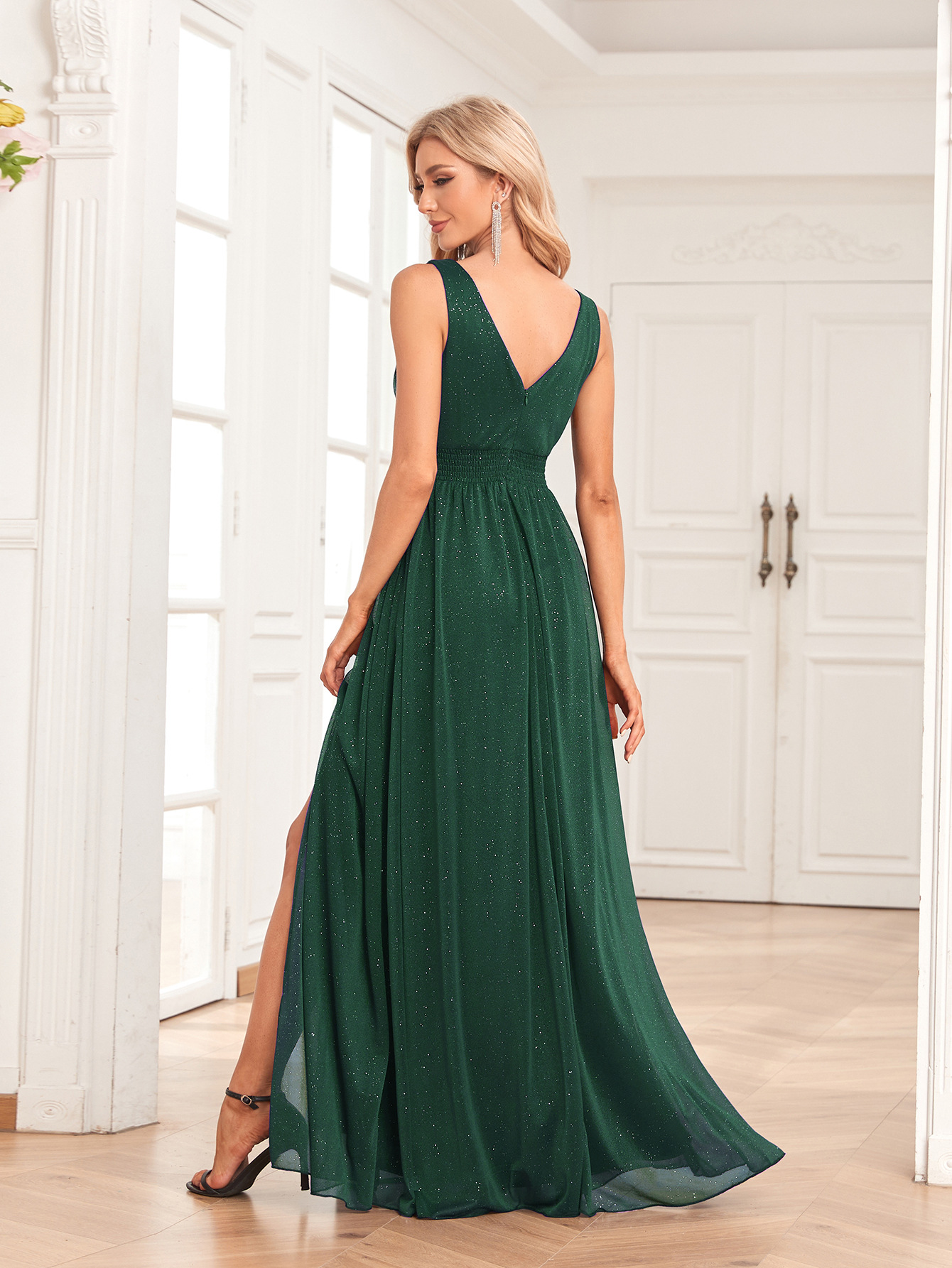 Women V-Neck Beaded Chiffon Sleeveless Side Slit Evening Gown
