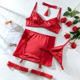 Women Satin Tassel Sexy Lingerie Four-Piece Set
