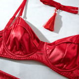 Women Satin Tassel Sexy Lingerie Four-Piece Set