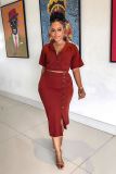 Women Summer Polo Neck Short Sleeve Blazer and Slit Skirt Career Two-Piece Set