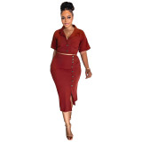 Women Summer Polo Neck Short Sleeve Blazer and Slit Skirt Career Two-Piece Set
