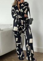 Women loose long-sleeved shirt and high-waist wide-leg pants two-piece set Women loose long-sleeved shirt and high-waist wide-leg pants two-piece set