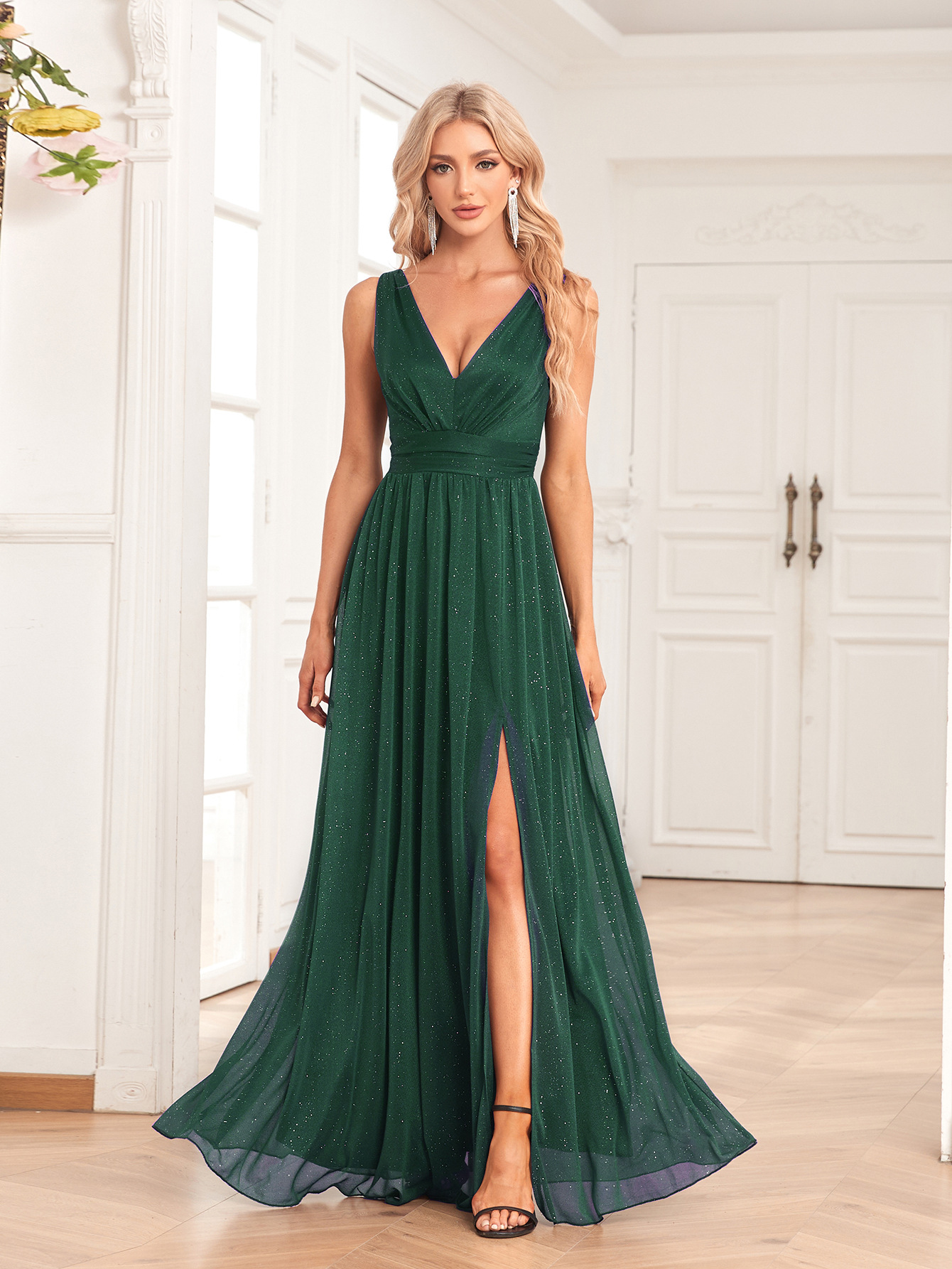 Women V-Neck Beaded Chiffon Sleeveless Side Slit Evening Gown