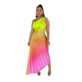 Women's Fashion Gradient Printed One Shoulder Pleated Maxi Dress