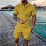Men's Summer Fashion Casual Printed Turndown Collar Polo Shirt Shorts Two Piece Set