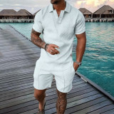 Men's Summer Fashion Casual Printed Turndown Collar Polo Shirt Shorts Two Piece Set