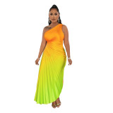 Women's Fashion Gradient Printed One Shoulder Pleated Maxi Dress
