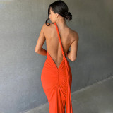 Women Summer Sexy Backless Pleated Solid Sleeveless Dress