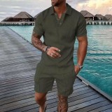 Men's Summer Fashion Casual Printed Turndown Collar Polo Shirt Shorts Two Piece Set