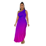 Women's Fashion Gradient Printed One Shoulder Pleated Maxi Dress