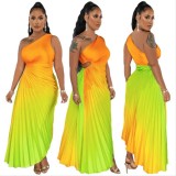 Women's Fashion Gradient Printed One Shoulder Pleated Maxi Dress