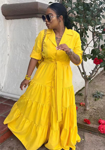 Spring Summer Women's Solid A-Line Shirt Dress With Belt