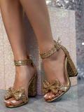 Fashion Shiny Bow Formal Party Ankle Strap Thick High-Heeled Sandals Heels