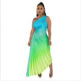 Women's Fashion Gradient Printed One Shoulder Pleated Maxi Dress