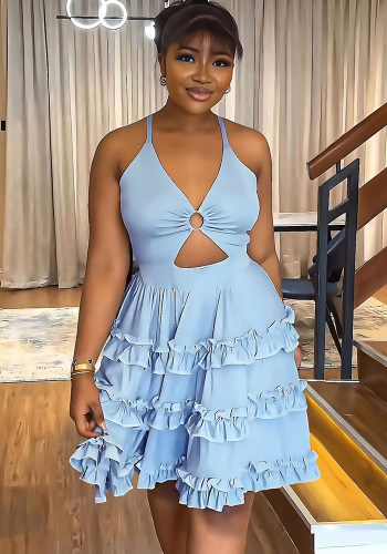 Low Back Halter Chic Ruffle Edge Sexy Slim Straps Women's Dress