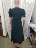 Women Summer French Style Puff Sleeve Square Neck Slit Long Dress