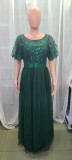 Women Short Sleeve Lace Patchwork Round Neck mesh Evening Dress