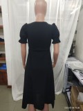 Women Summer French Style Puff Sleeve Square Neck Slit Long Dress