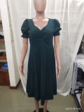Women Summer French Style Puff Sleeve Square Neck Slit Long Dress