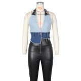 Sexy Ladies Top Contrast Color Denim Tank Top