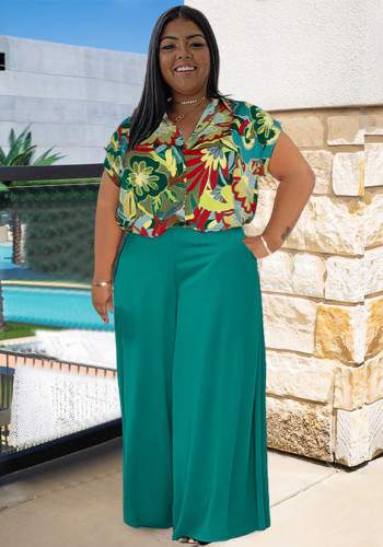 Summer and Fall Plus Size Two-Piece Printed Casual Jacket and Pants Set