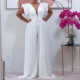 Women Summer White Romantic V-neck Short Sleeves Solid Pleated Full Length Loose Jumpsuit