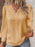 Women Autumn Long Sleeve V Neck Lace Shirt
