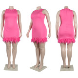 Women Casual Solid Sleeveless Feather Bodycon Dress