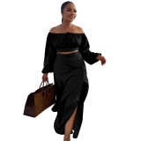 Plus Size Women Sexy Off Shoulder Balloon Sleeve Top and Skirt Two-Piece Set