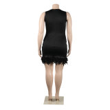 Women Casual Solid Sleeveless Feather Bodycon Dress